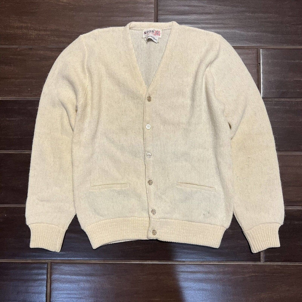 Vintage 70s IZOD 100% Alpaca Yellow Cardigan Size 40 Sweater Mens Rare Pockets